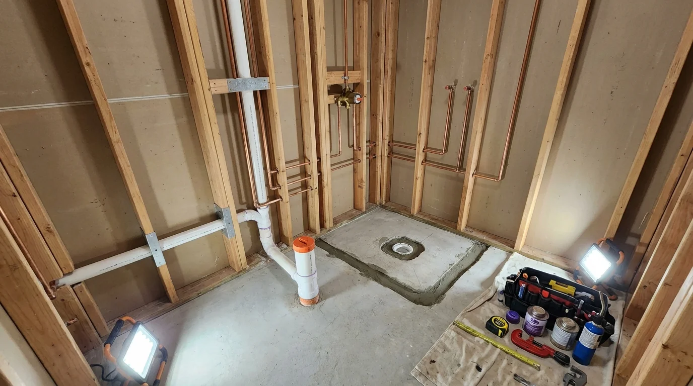 Bathroom rough-in plumbing during remodel by Johns Plumbing LLC in Provincetown