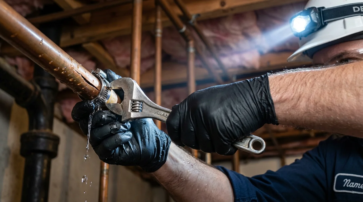 Emergency pipe clamp repair being performed by a Johns Plumbing LLC plumber in Provincetown