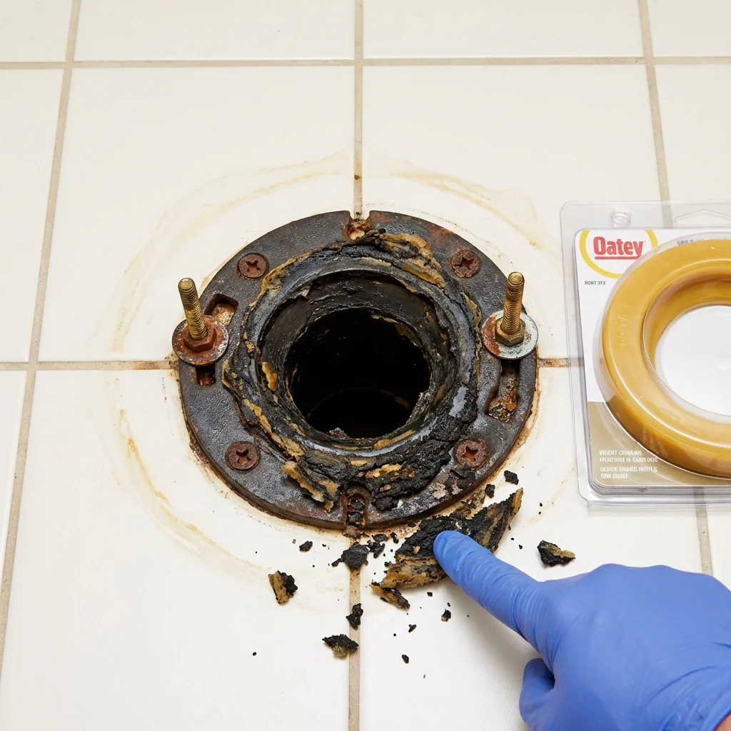 Failed wax ring showing water seepage at the base of a toilet in a Provincetown, MA home